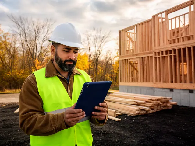 Bearded builder in a white hard hat and yellow safety vest reviews a tablet beside a timber-framed house