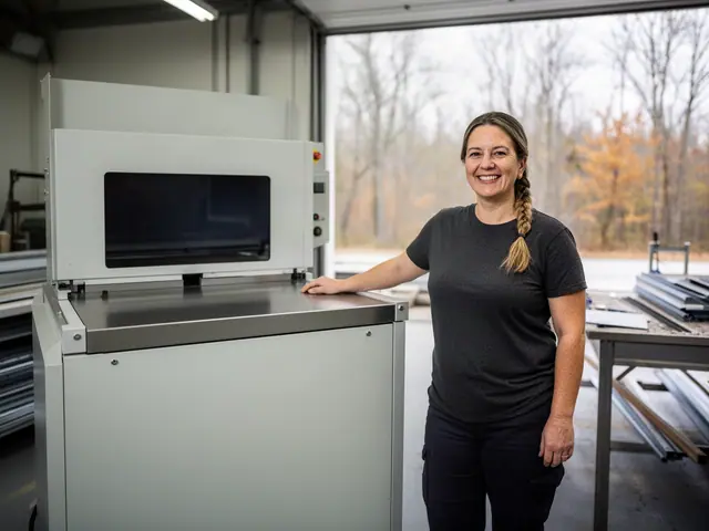 Smiling woman in a dark t-shirt resting her hand on a large grey workshop machine beside an open bay door