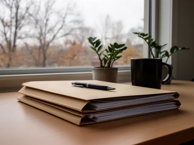 Two stacked kraft paper folders with a black pen on a wooden desk by a window with potted plants