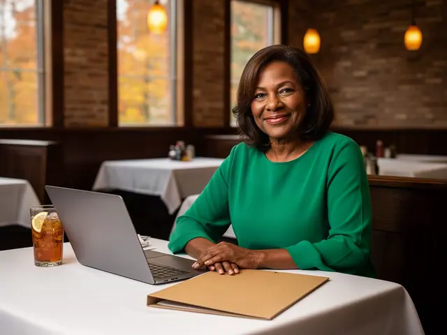 Smiling woman in a green blouse seated at a white-clothed restaurant table with a laptop, folder and iced tea