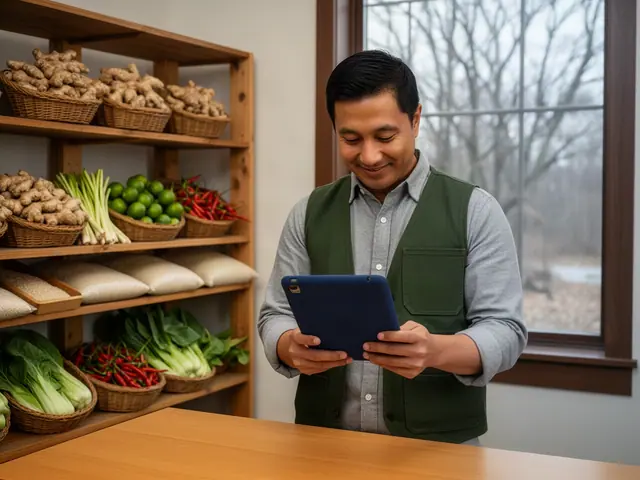 Man in a green vest and grey shirt reading a navy tablet beside wooden shelves of ginger, limes, chilies and bok choy