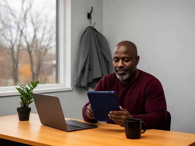 Bearded man in a maroon sweater reading a navy tablet at a wooden desk beside a laptop and black mug