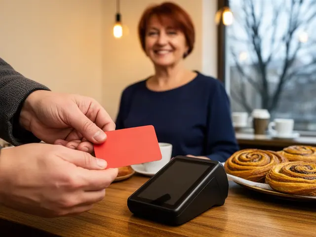 Close-up of hands holding a plain red payment card above a black card terminal with a smiling cafe owner behind