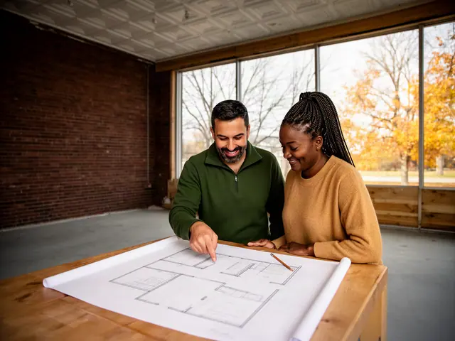 Two business partners smiling over a large floor-plan drawing on a wooden table in an empty brick storefront