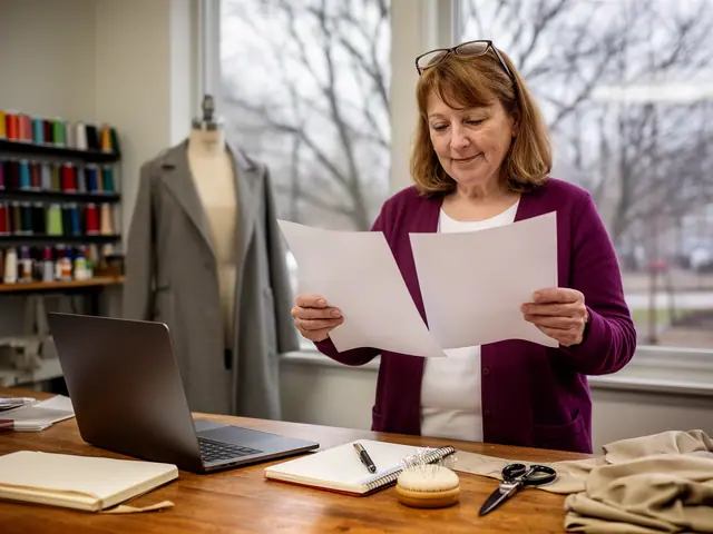Woman in a plum cardigan reviewing two blank sheets of paper in a tailoring workroom with a dress form and thread spools